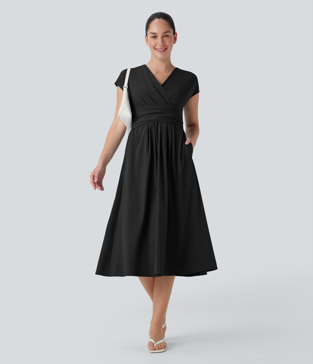 Robe midi Breezeful™ col V manches courtes à liens dans le dos séchage rapide avec poches latérales