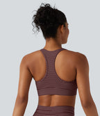 Brassière de sport col V dos nageur maintien moyen à rayures