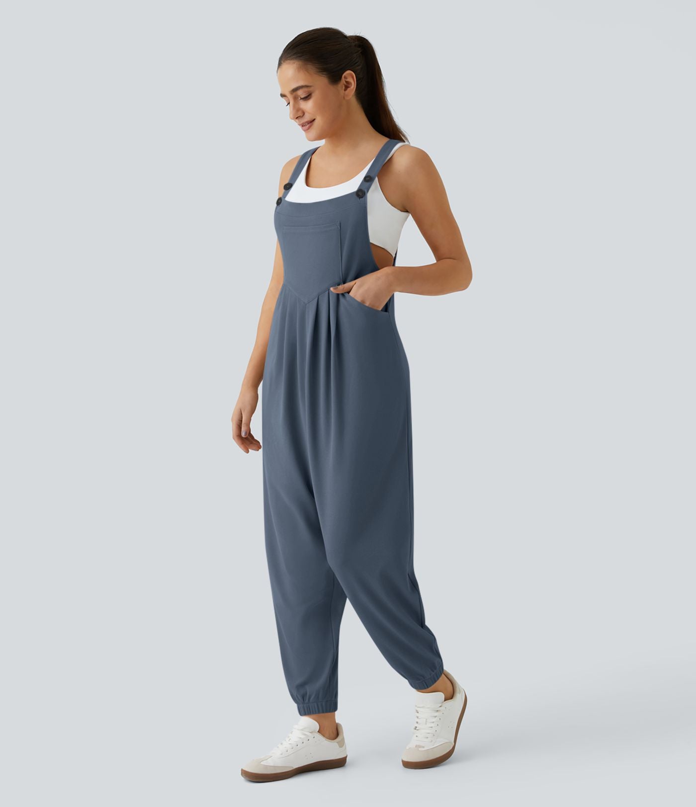 Salopette Casual Bretelles Ajustables Boutonnés Multiples Poches Plis et Tissu Gaufré
