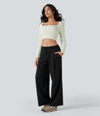 Pantalon jogging large thermique fluide chiné à rabat taille haute séchage rapide avec cordon de serrage et poches