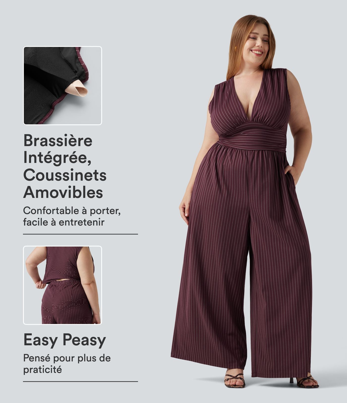 Combinaison grande taille rayée à décolleté V plongeant, toucher frais, coussinets amovibles, poches et accès facile Easy Peasy