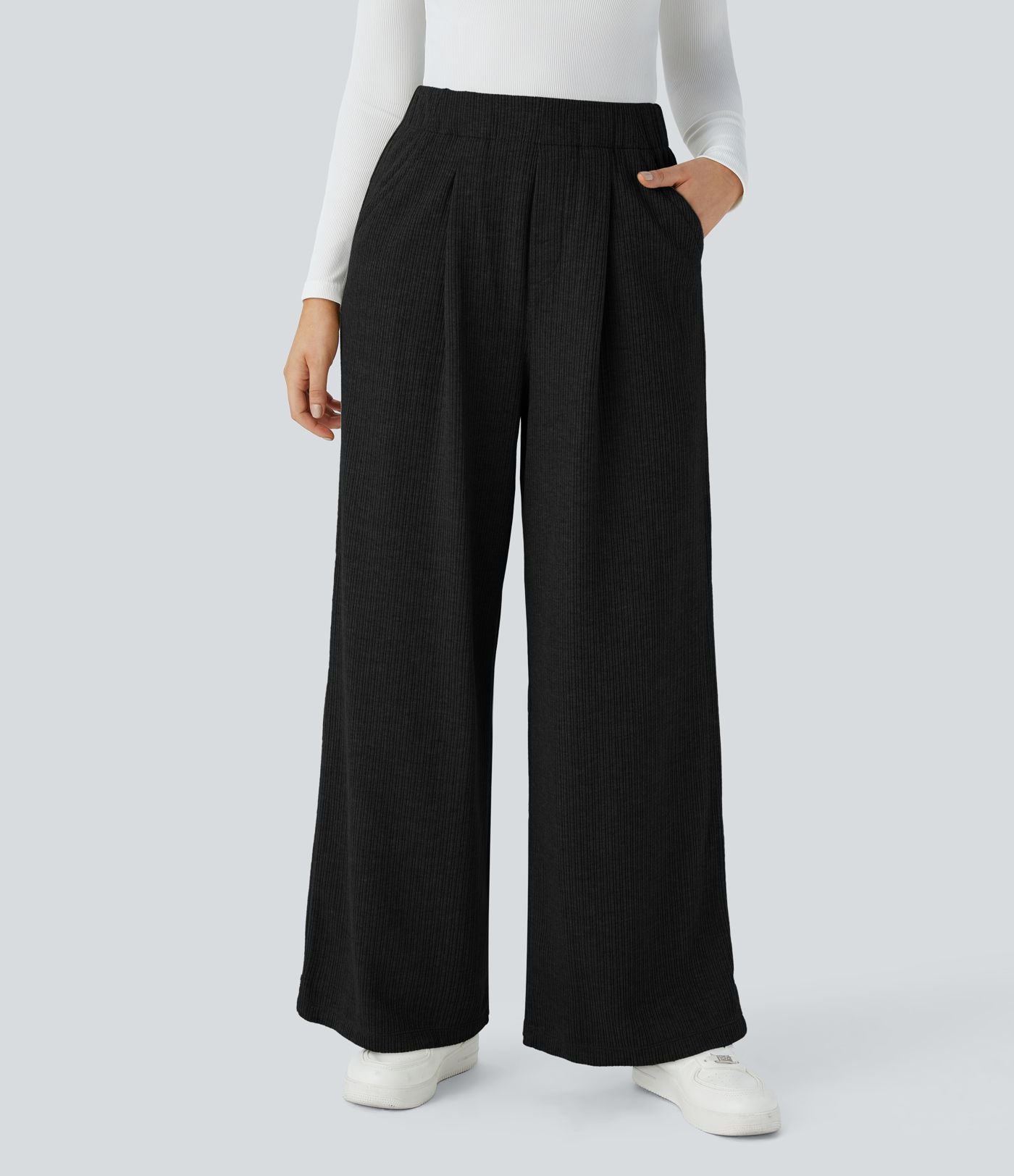 Pantalon décontracté large côtelé, taille haute, avec poches