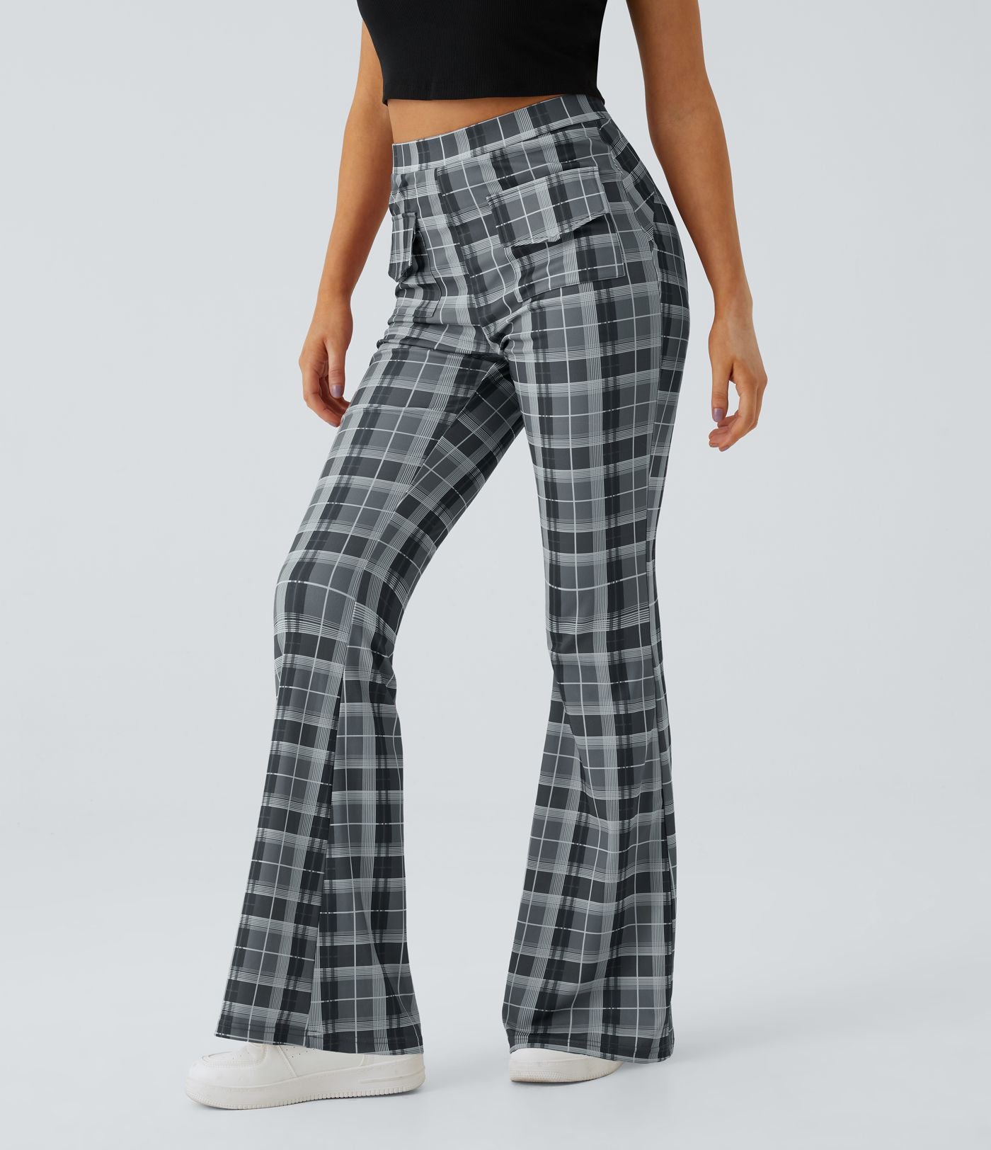 Pantalon Casual à Carreaux Évasé et Taille Haute avec Poches