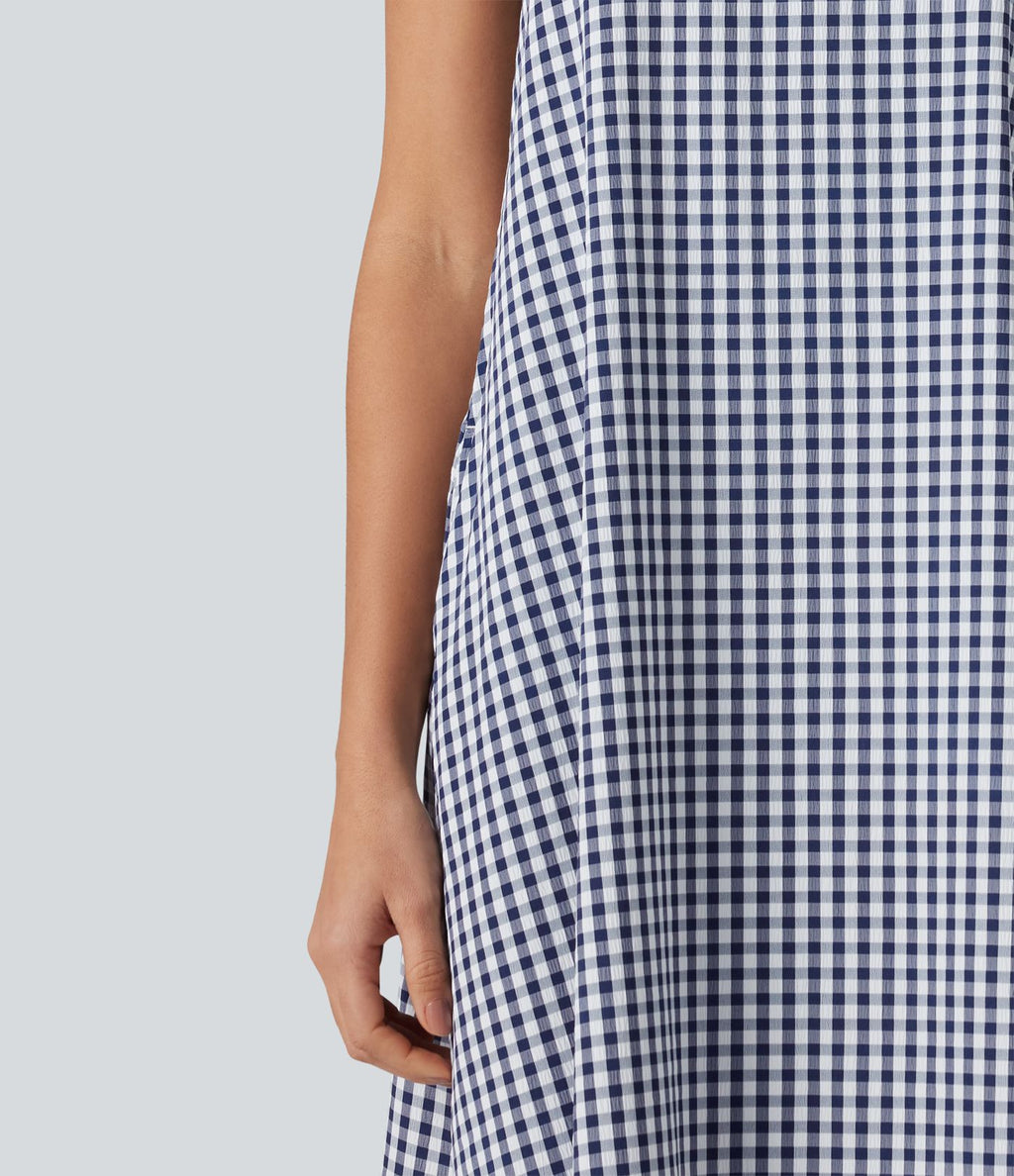 Robe débardeur midi décontractée col rond sans manches en vichy froissé avec poches