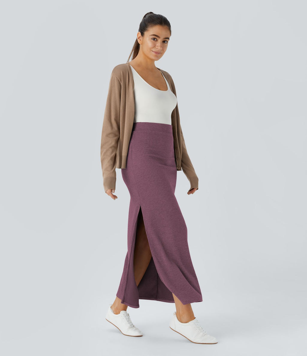 Jupe Casual Maxi à Taille Haute et Ourlet Fendu en A-Line en Côtes