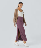 Jupe Casual Maxi à Taille Haute et Ourlet Fendu en A-Line en Côtes