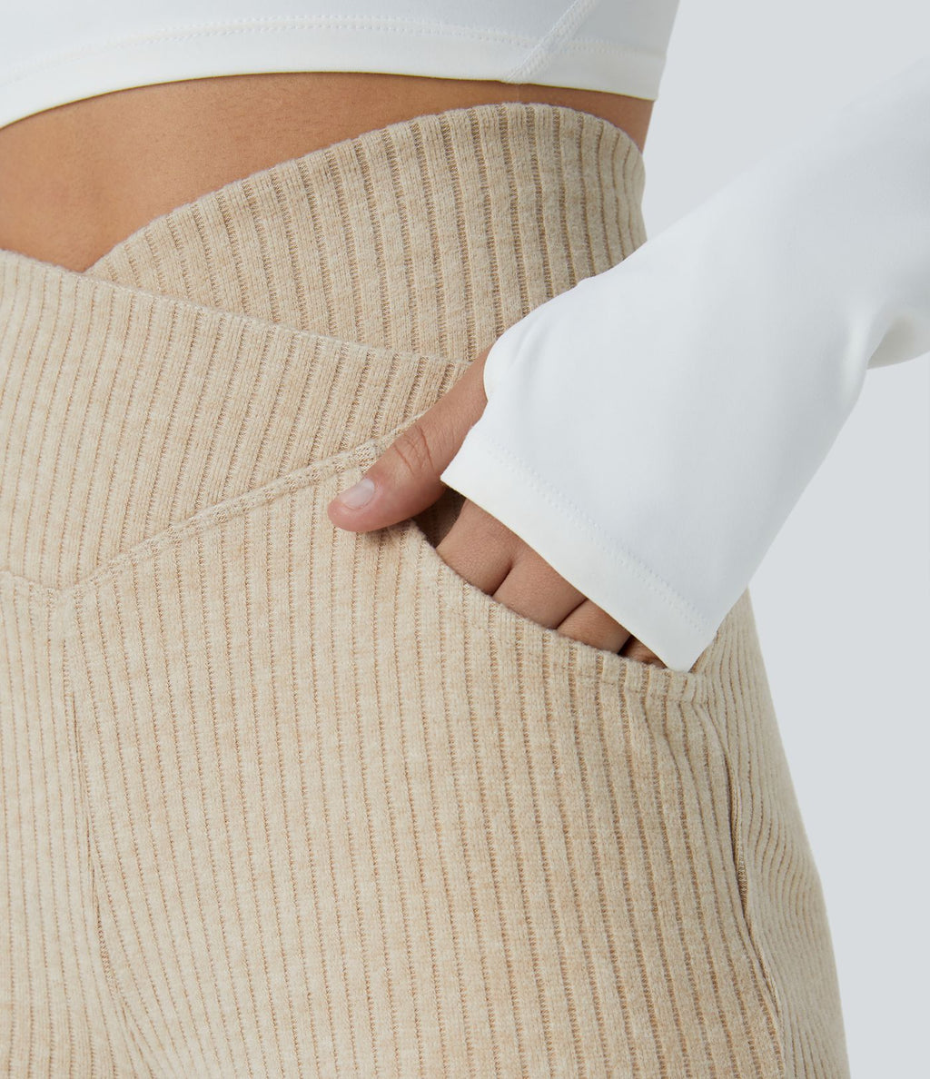 Pantalon Taille Haute Casual Évasés en Tricot Côtelé avec Poches Latérales et Croisé