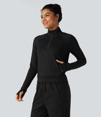 Sweat-shirt polaire thermique chiné séchage rapide demi-zip avec trous pouces et poches - UPF40+