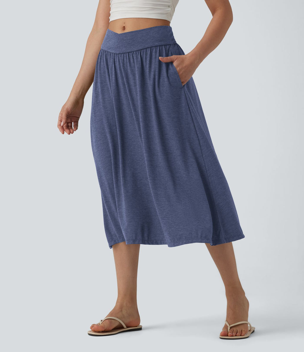 Jupe midi casual fluide croisée taille haute avec poches