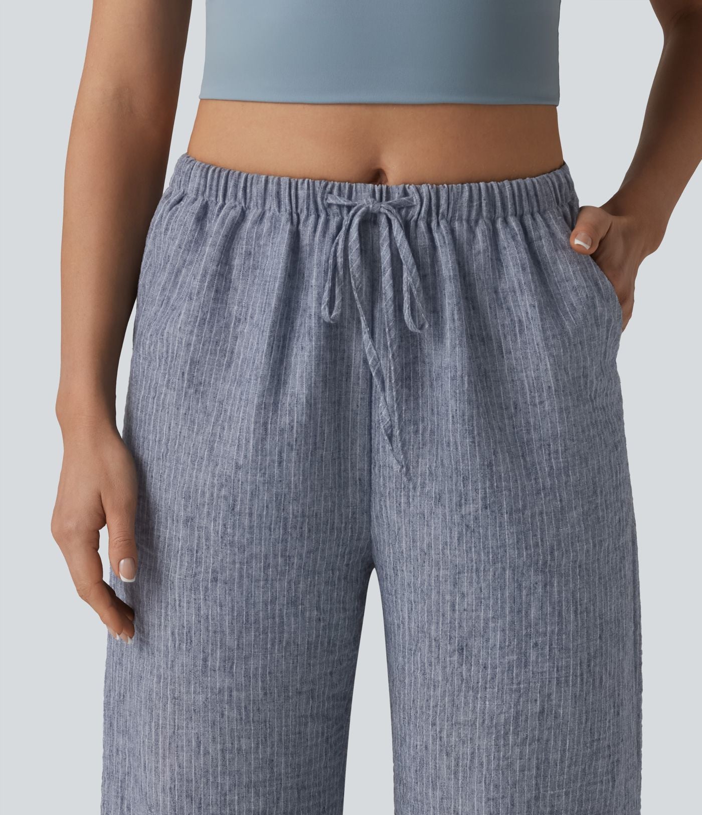Pantalon décontracté ample rayé taille mi-haute avec cordon de serrage et poches