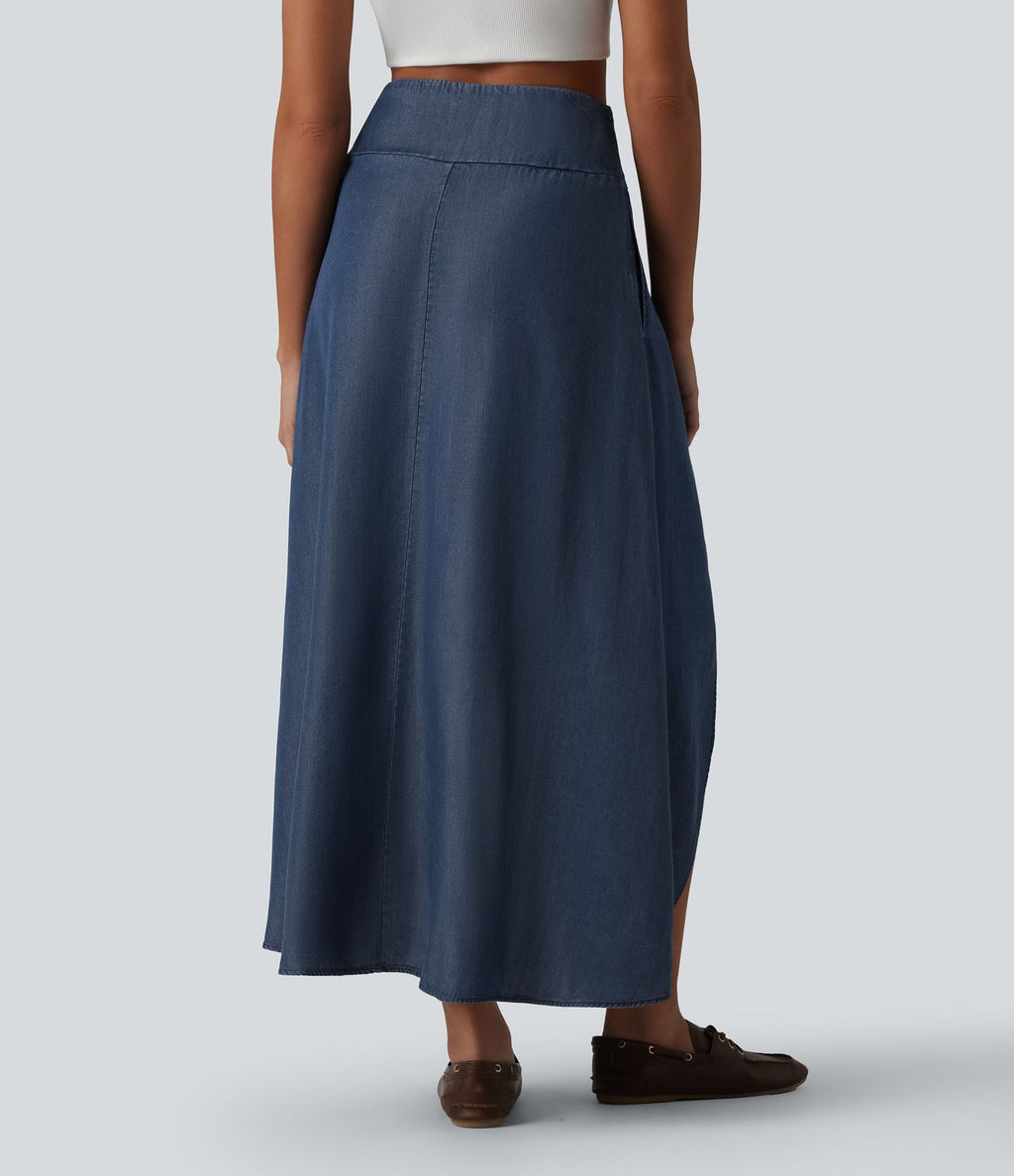 Jupe en jean midi fluide drapée en lyocell taille haute avec fermeture éclair invisible, ourlet asymétrique et poches