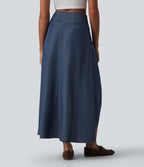 Jupe en jean midi fluide drapée en lyocell taille haute avec fermeture éclair invisible, ourlet asymétrique et poches