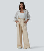 Pantalon large fluide casual taille haute plissé drapé en lin avec poches