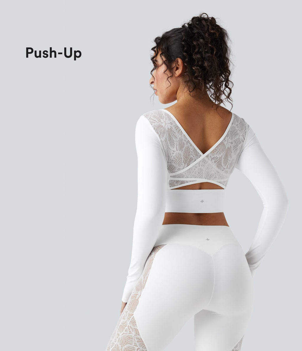 Haut de sport yoga court push-up à manches longues avec passants pouces et dentelle contrastée - UPF50+ SoftlyZero™
