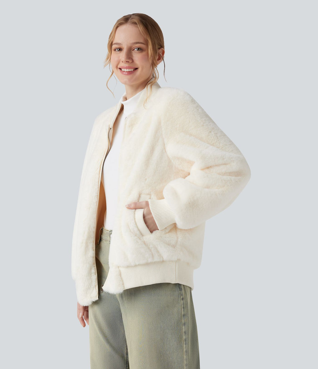 Veste bomber sherpa zippée à manches longues avec poches
