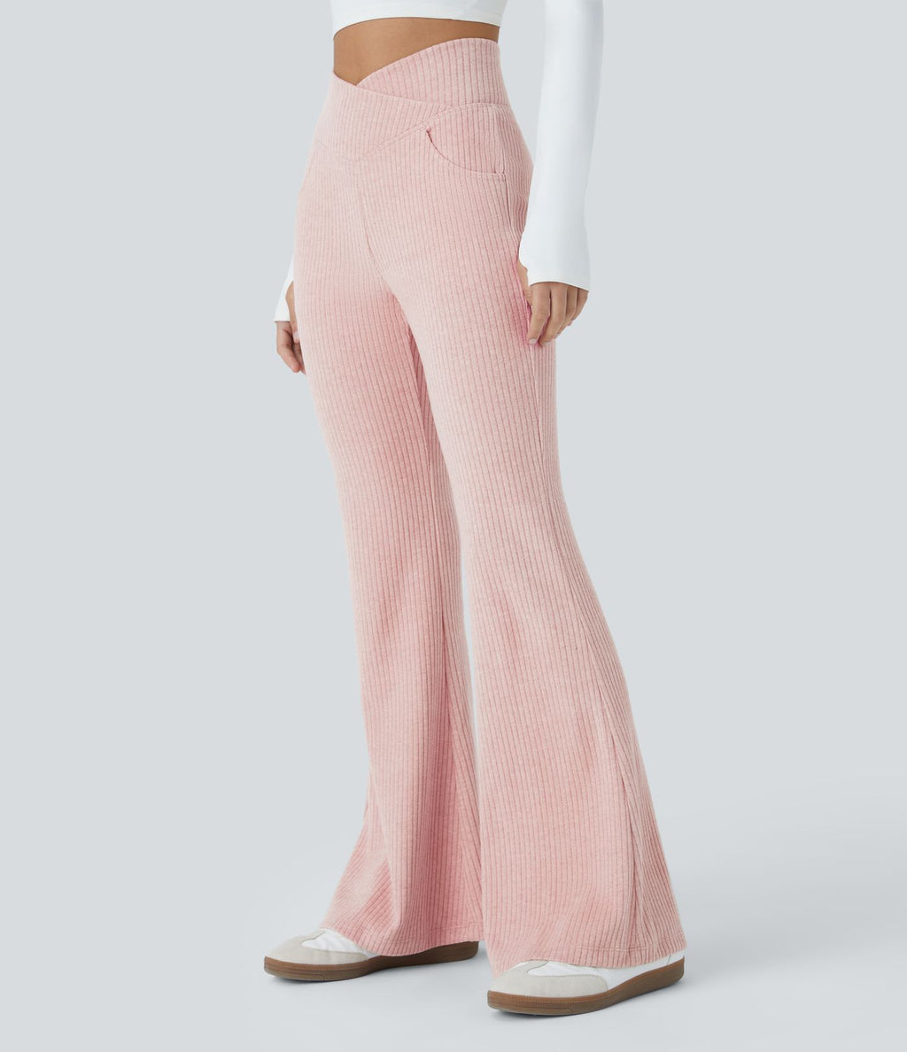 Pantalon Taille Haute Casual Évasés en Tricot Côtelé avec Poches Latérales et Croisé