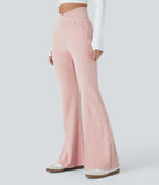 Pantalon Taille Haute Casual Évasés en Tricot Côtelé avec Poches Latérales et Croisé