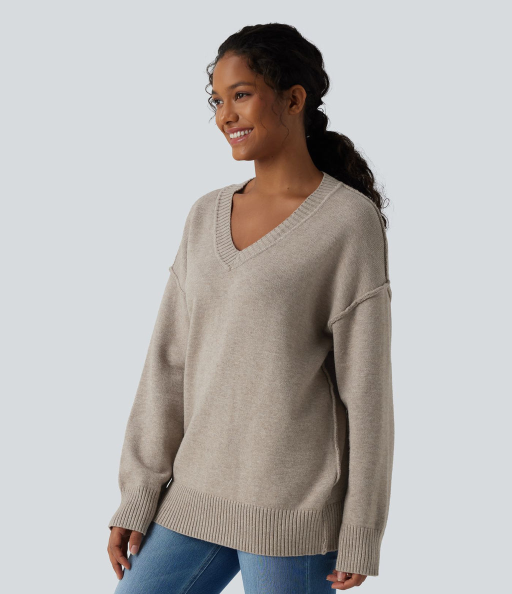 Pull décontracté col V à manches longues et épaules tombantes