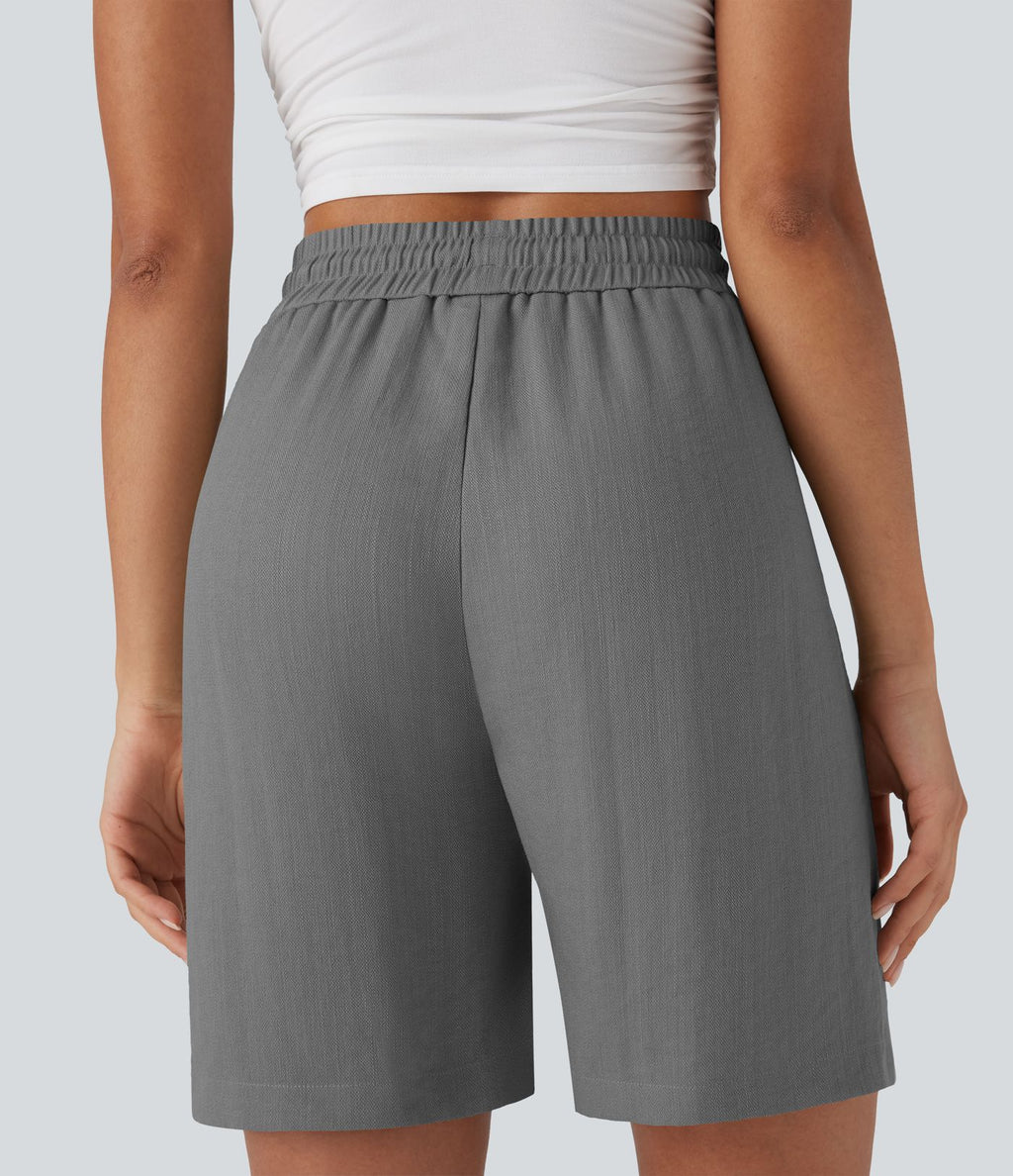 Short décontracté effet lin taille haute avec cordon de serrage et poches latérales