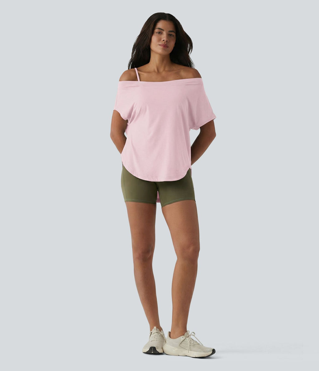 Top de yoga à une épaule, manches courtes, ourlet asymétrique et soutien-gorge intégré à séchage rapide
