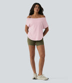 Top de yoga à une épaule, manches courtes, ourlet asymétrique et soutien-gorge intégré à séchage rapide