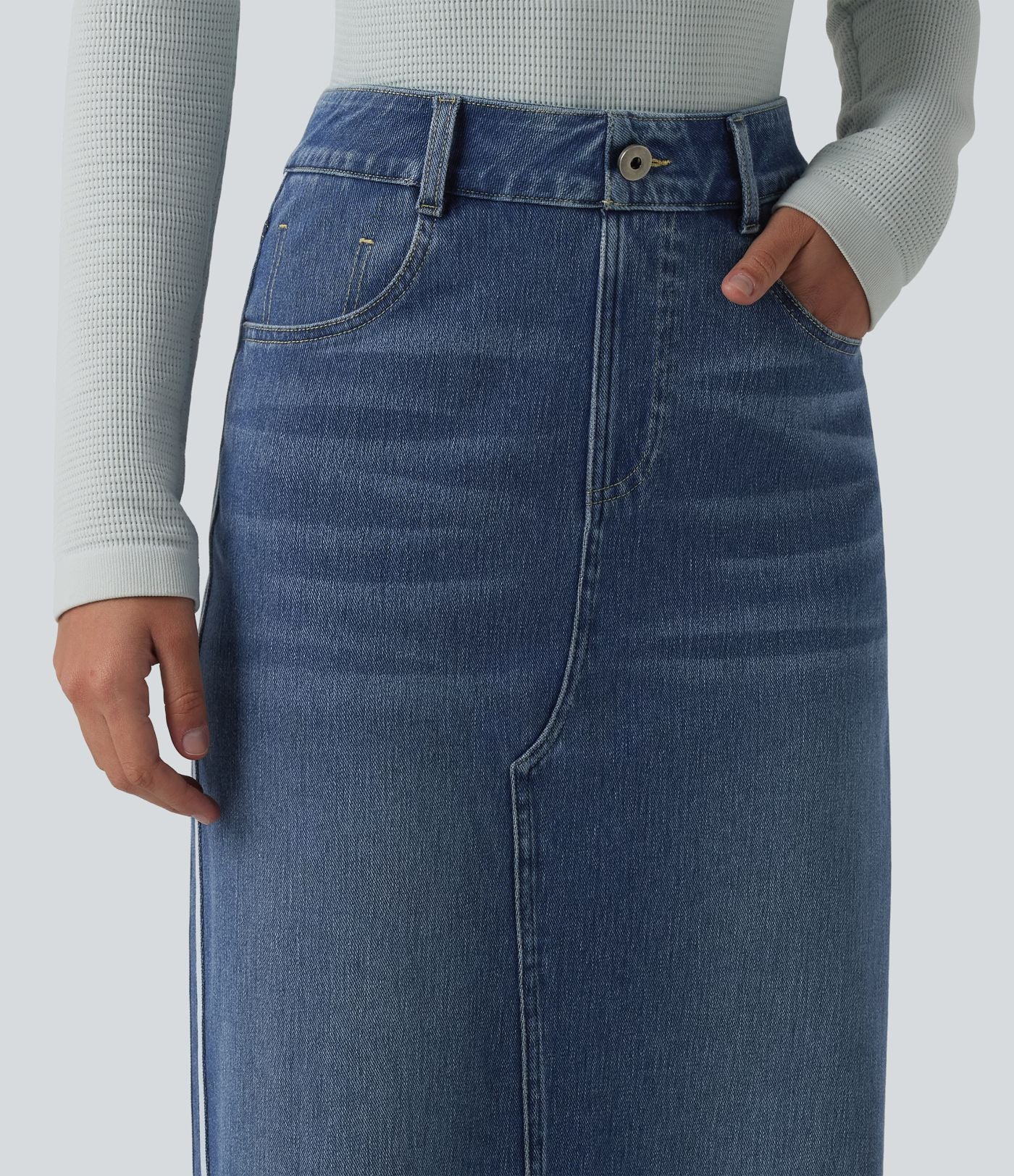 Jupe en jean longue décontractée délavée à rayures taille haute Halara Flex™ avec poches