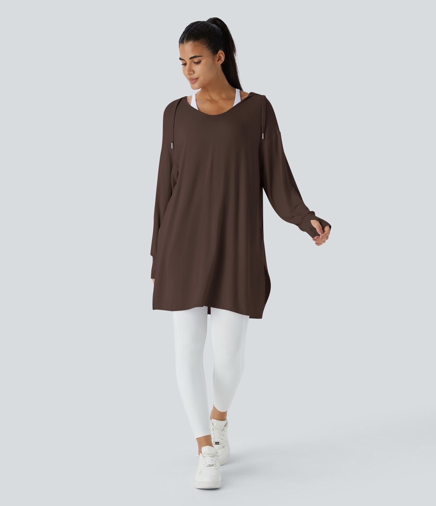 Sweatshirt Casual à Capuche Encolure en V Cordon de Serrage Trou pour le Pouce Fente et Coupe Longue