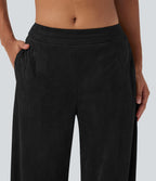 Pantalon ample décontracté suédine taille mi-haute avec poches