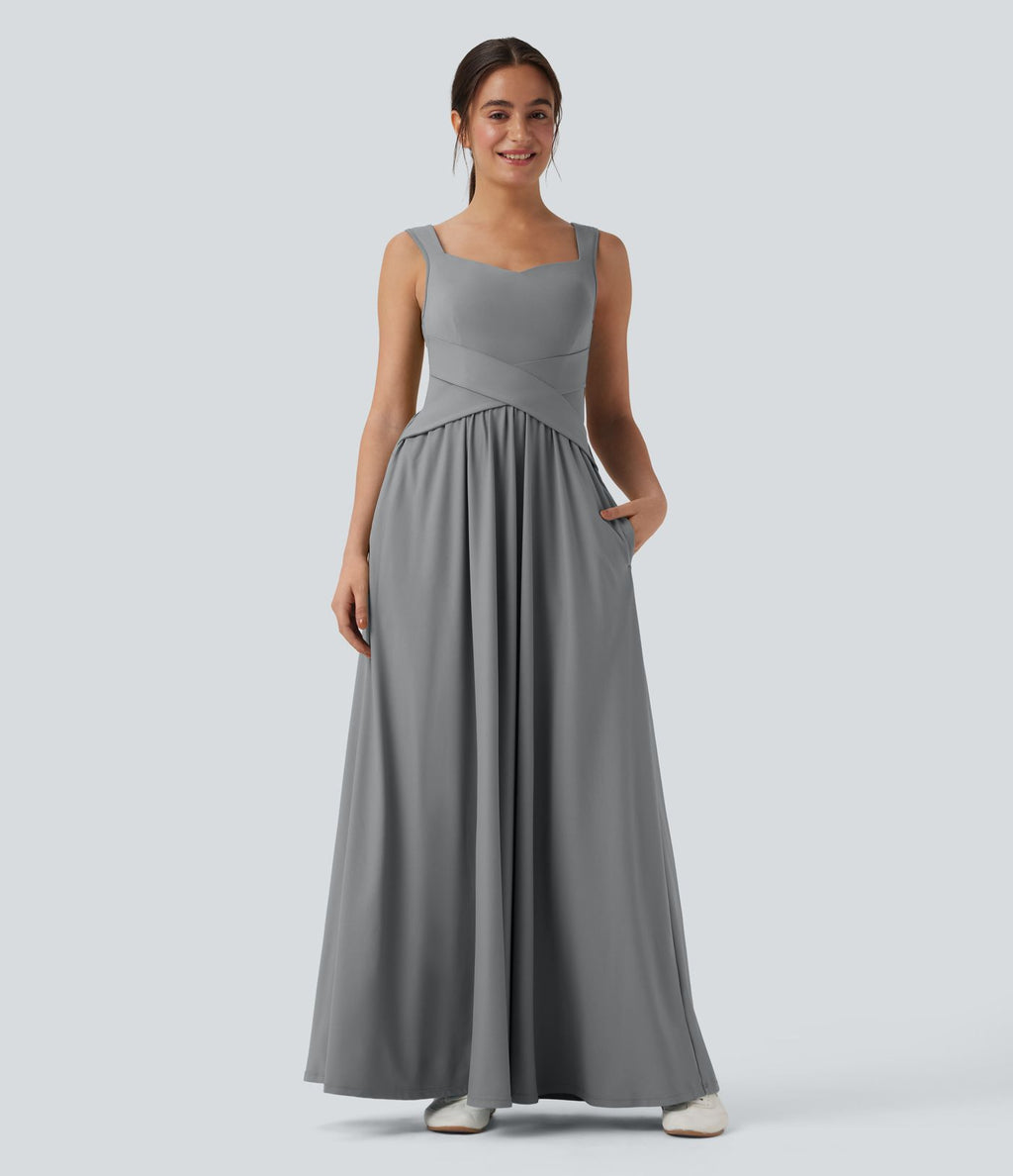Robe maxi fluide dos nu, avec brassière intégrée et poches