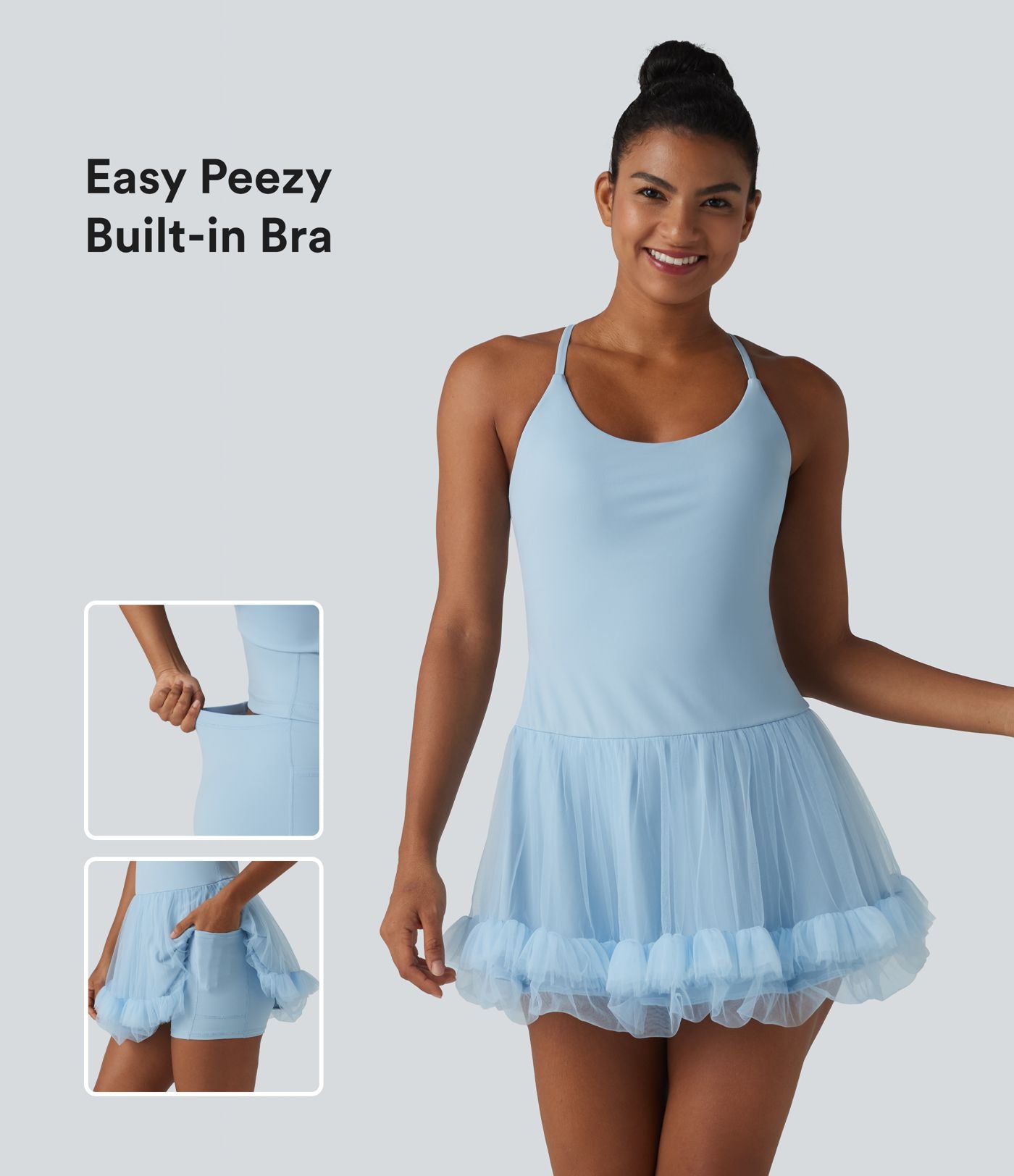 Robe mini de sport 2 en 1 avec brassière intégrée en maille contrastée avec poches - Édition Easy Peasy