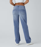 Jean décontracté Halara Flex™ taille basse à jambes droites avec bouton, fermeture éclair, multiples poches, effet délavé en maille extensible