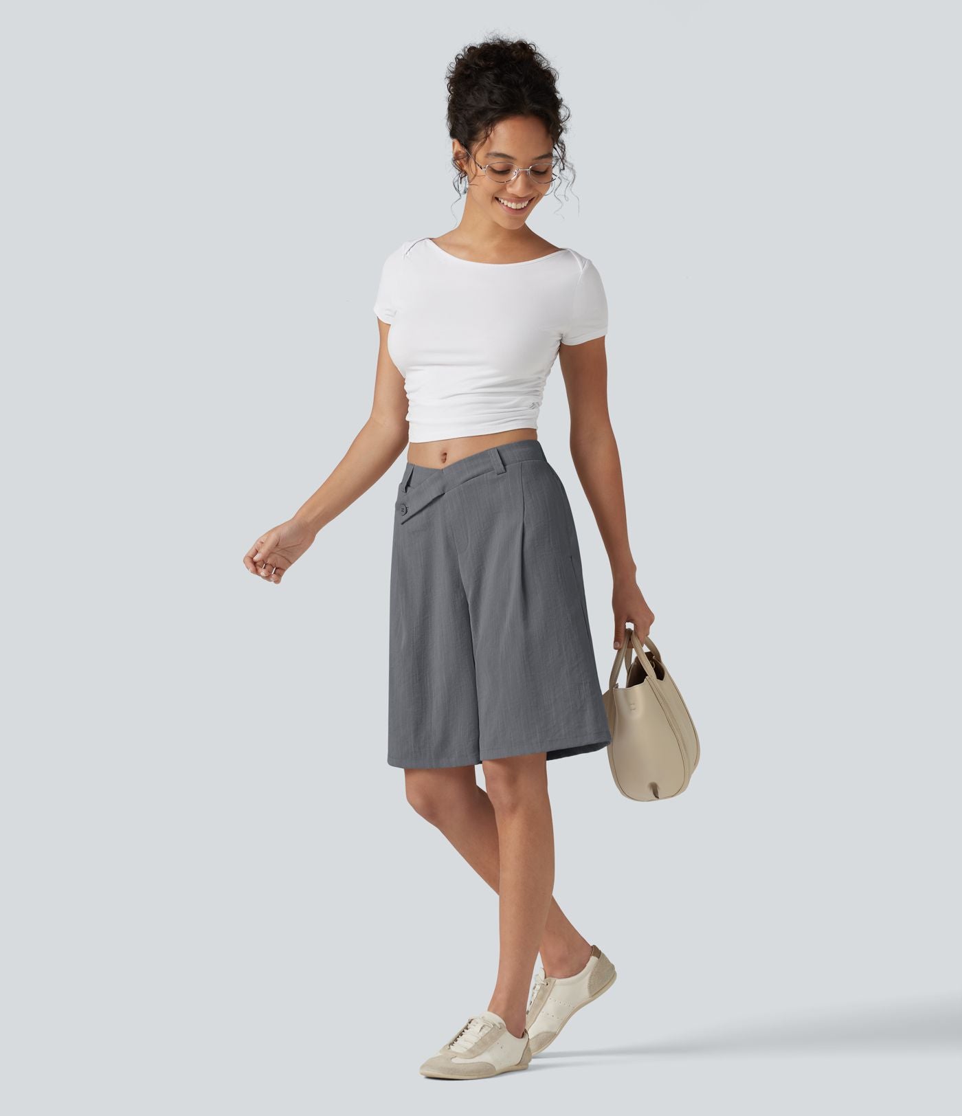 Short tailleur bermuda aspect lin taille mi-haute asymétrique 25 cm avec poches
