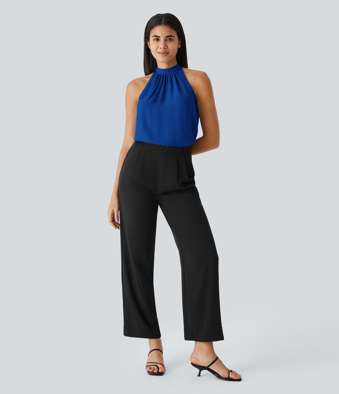 Blouse Travail Sans Manches Ourlet Courbé Col Haut Découpe au Dos Plis