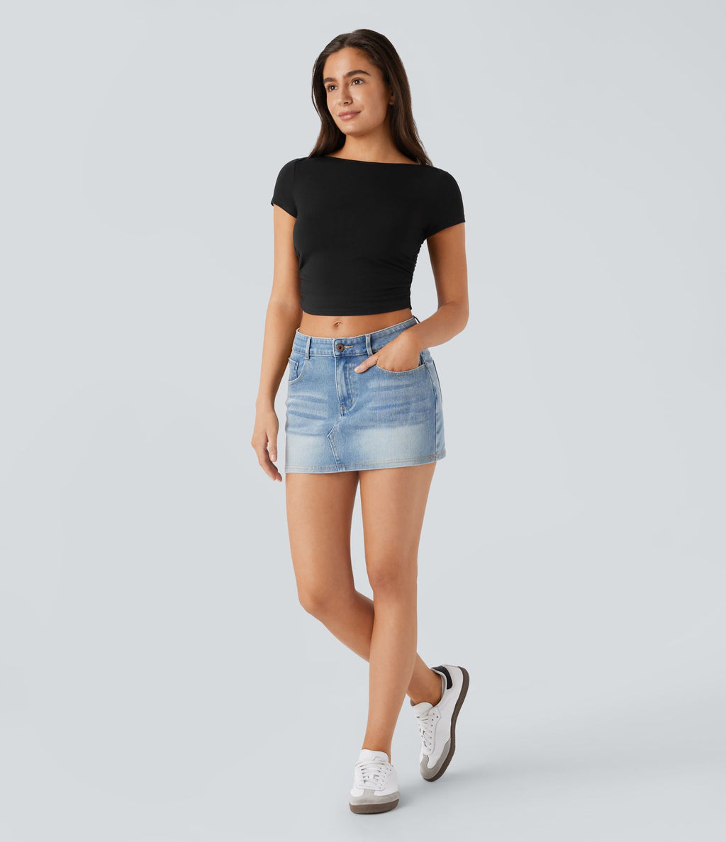 T-shirt court décontracté à encolure bateau, manches courtes et fronces
