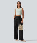 Pantalon décontracté taille haute à jambes larges en mélange de lin avec poches