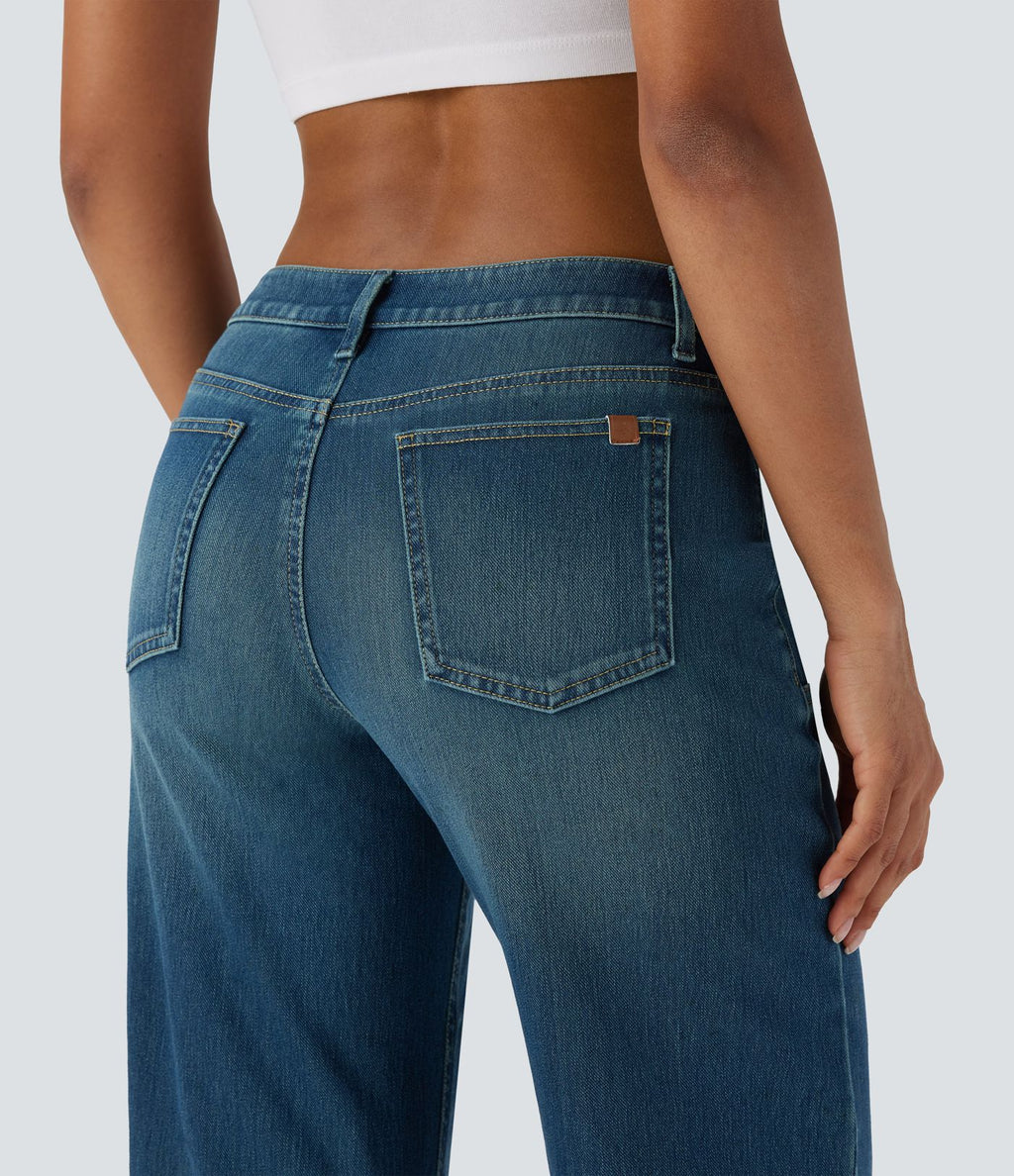 Jean bootcut délavé Halara Flex™ taille basse à poches multiples et fermeture zippée