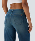 Jean bootcut délavé Halara Flex™ taille basse à poches multiples et fermeture zippée