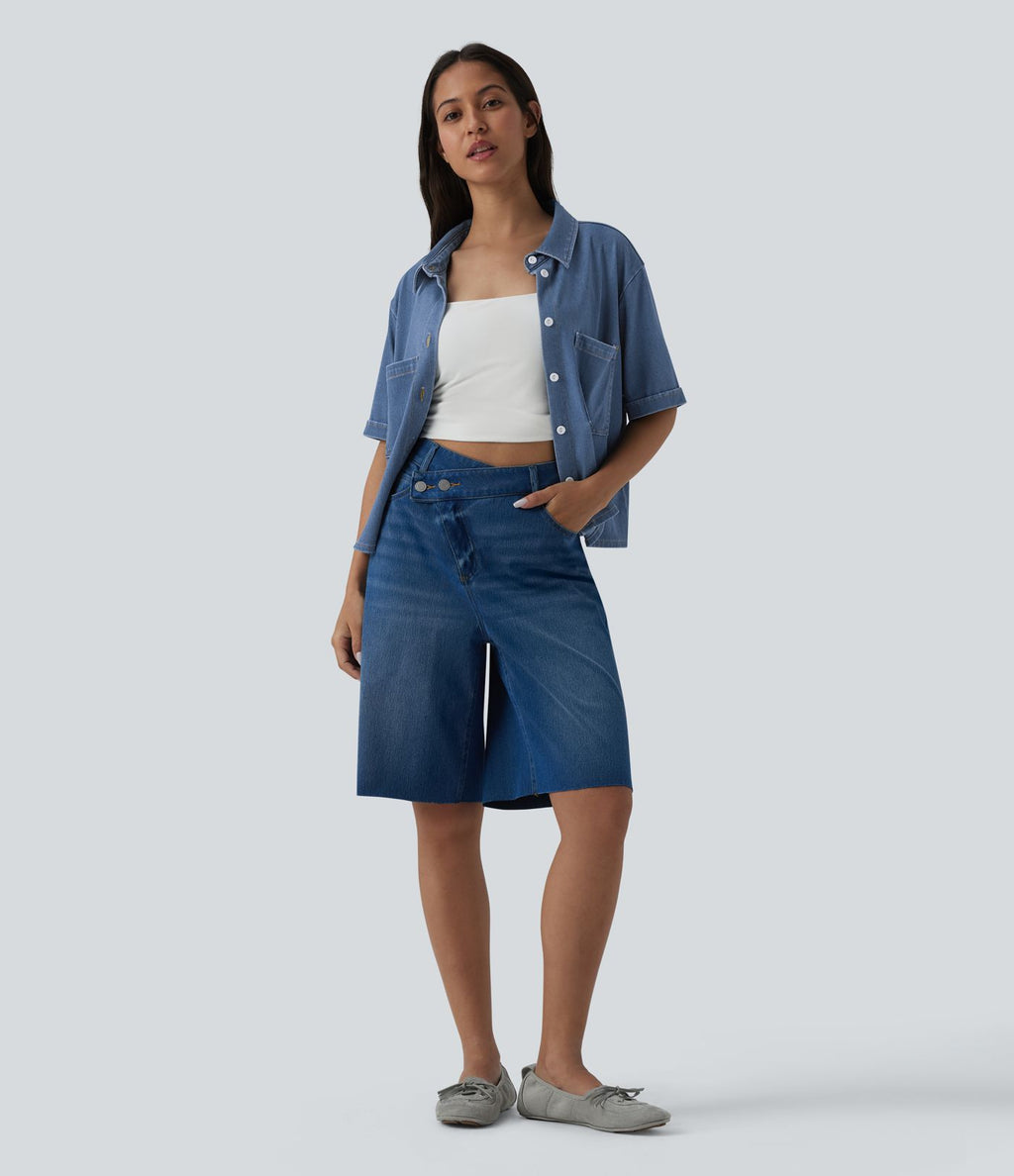 Halara Flex™ Chemise casual à manches courtes en denim lyocell drapé avec poches