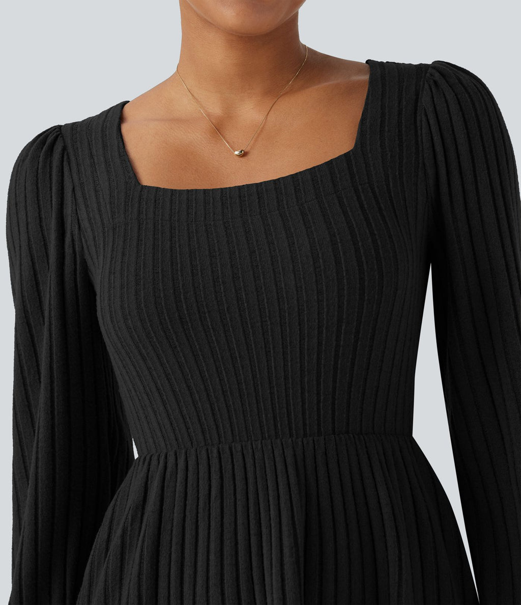 Robe décontractée maille côtelée décolleté carré manches longues bouffantes avec poches