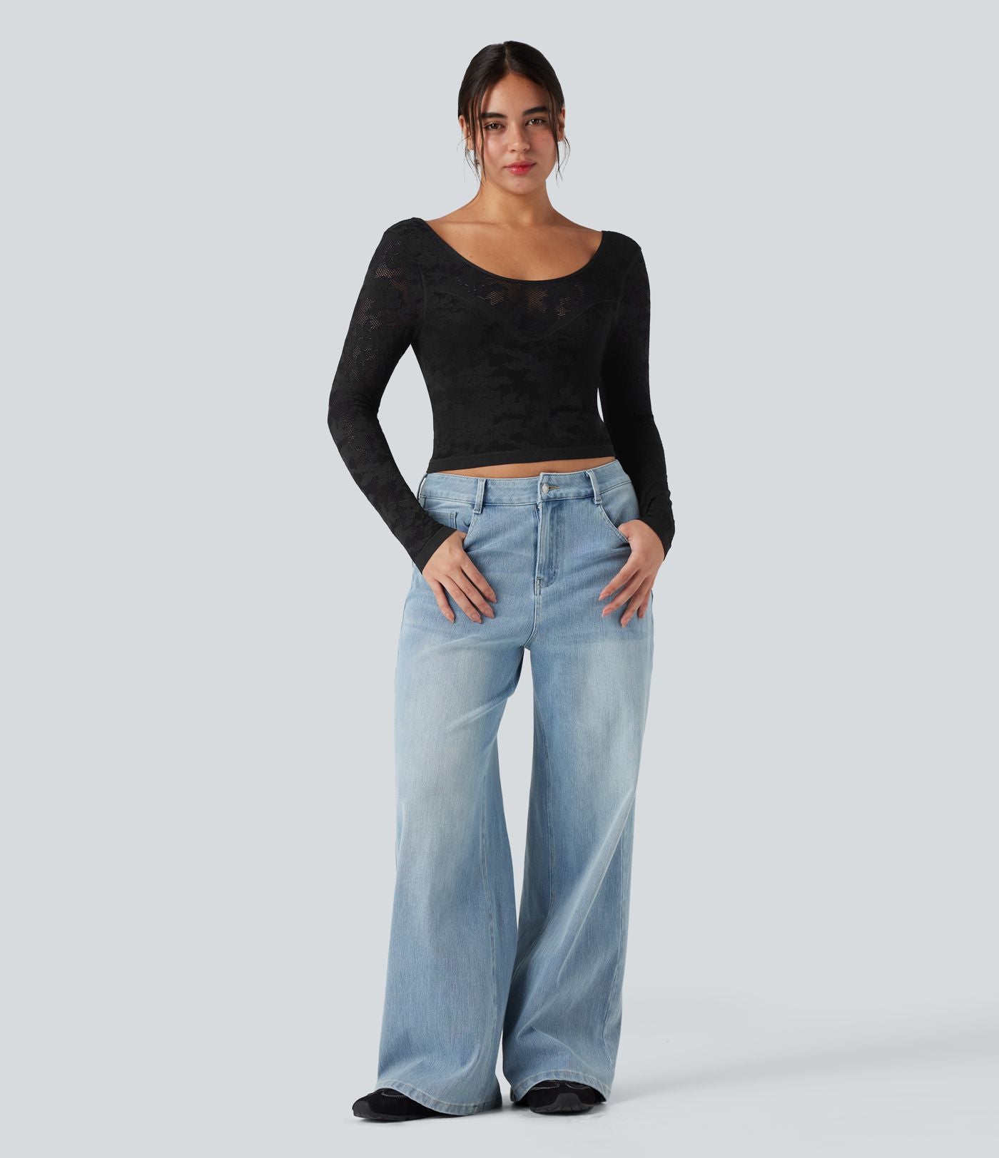 Haut de sport col U dos nu jacquard à manches longues sans couture OneForm Seamless Flow