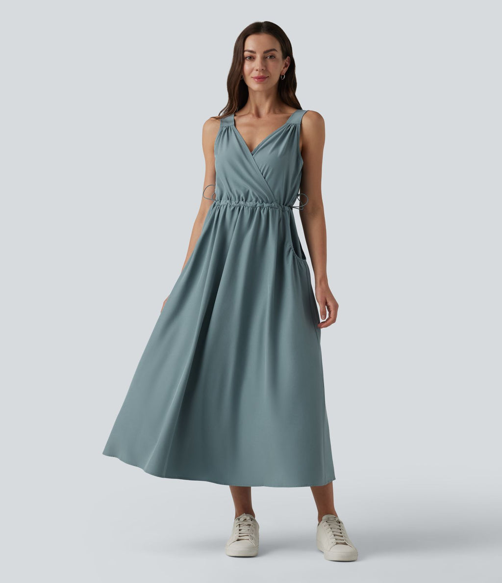 Robe casual midi sans manches à col en V avec poches