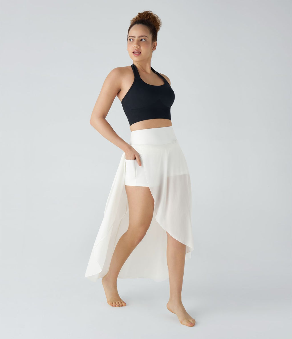 Jupe Longue Fluide Taille Haute à Volants 2 en 1 Poche Latérale Évasée en Mesh Casual Quotidien