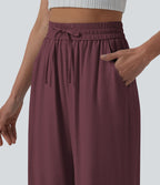 Pantalon casual large fluide mélange lin taille haute avec cordon de serrage et poches