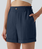 Short resort 12,5 cm taille haute effet lin avec ourlet roulotté et poches