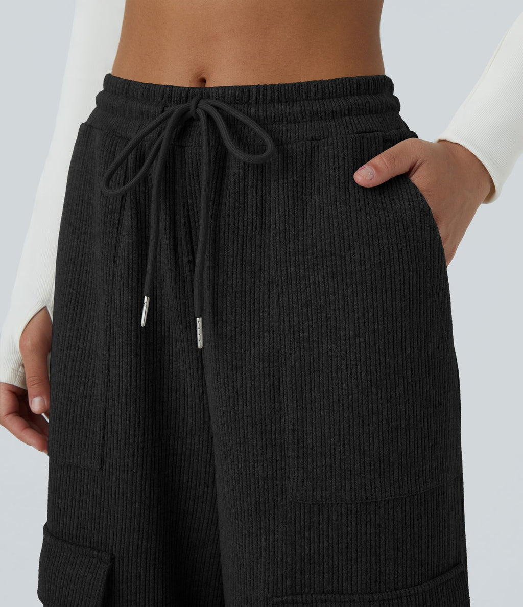 Pantalon cargo décontracté large à cordon côtelé, taille mi-haute, avec poches
