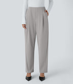 Pantalon décontracté barrel droit en crêpe, taille haute, avec poches