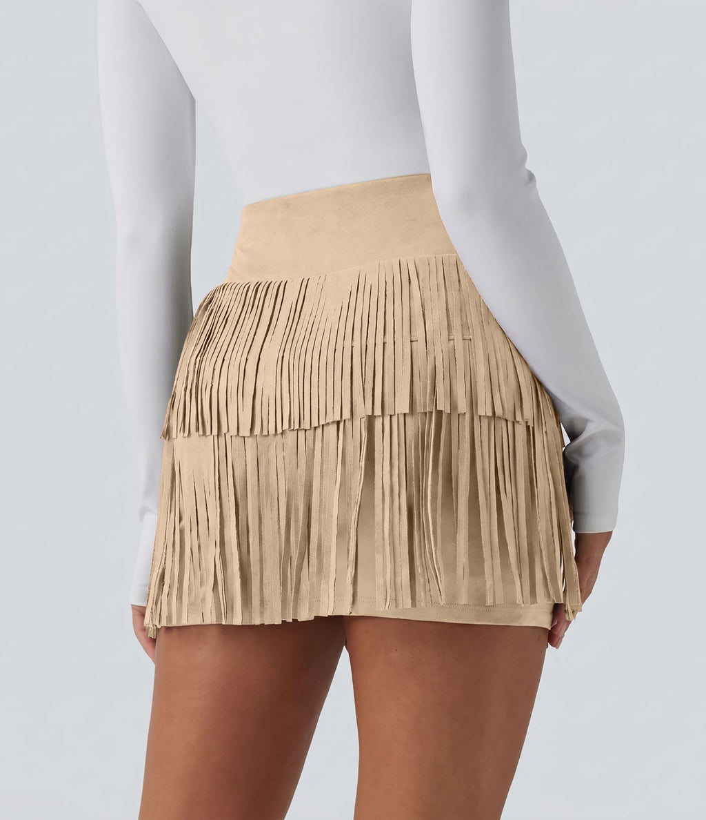 Jupe mini de soirée ajustée effet daim taille haute croisée 2-en-1 à franges