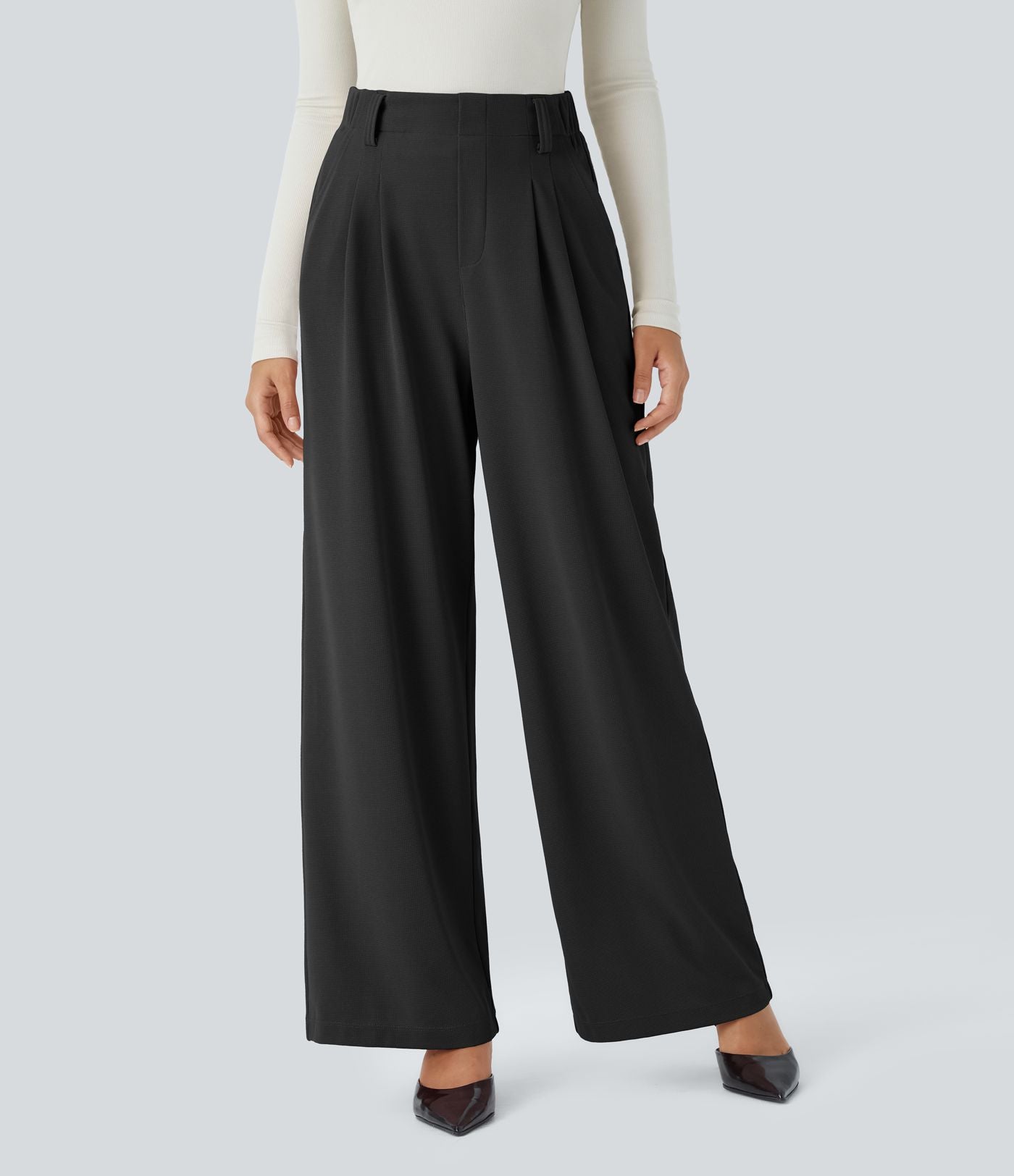 Halara Flex™ Pantalon Tailleur en tissu gaufré à taille haute, jambes larges, plis et poches latérales