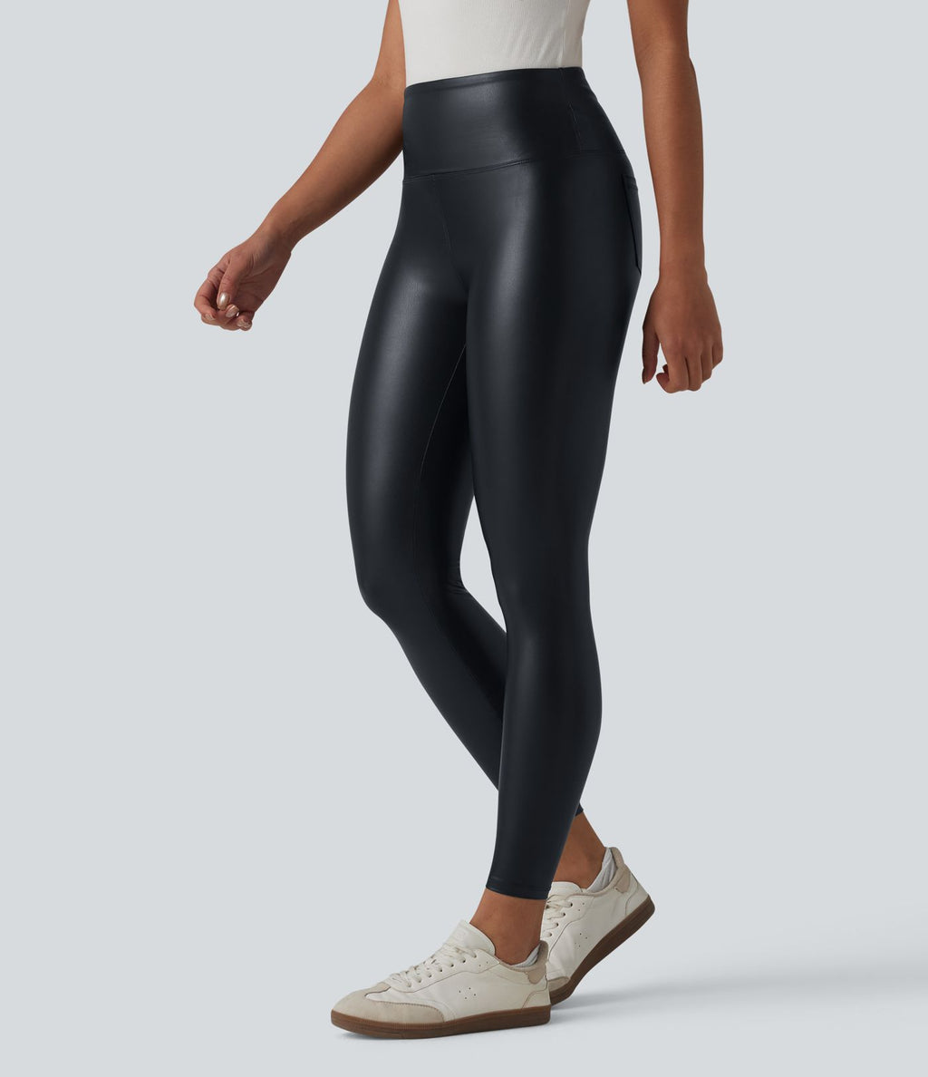 Legging casual 7/8 taille haute ventre plat en similicuir extensible, avec poches