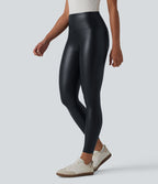 Legging casual 7/8 taille haute ventre plat en similicuir extensible, avec poches